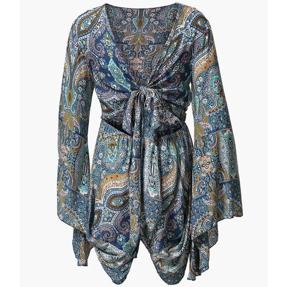 Boho Blue Paisley Printed V-Neck Tie Waist Cut Out Romper Playsuit Dress - Picture 4 of 7